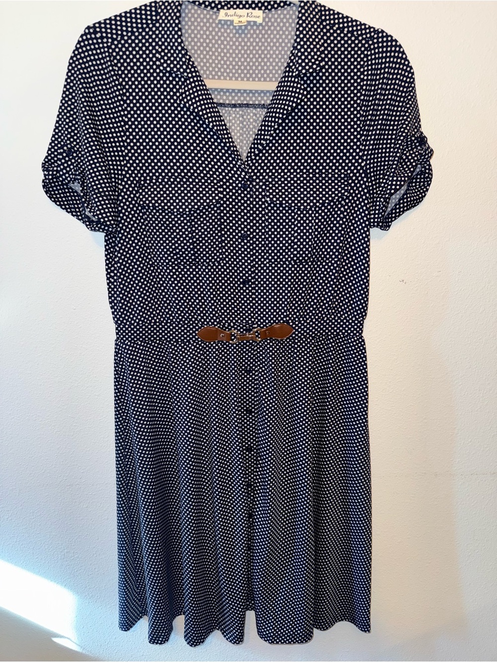 Indigo Rose Navy Polka Dot Midi Dress with Tan Belt